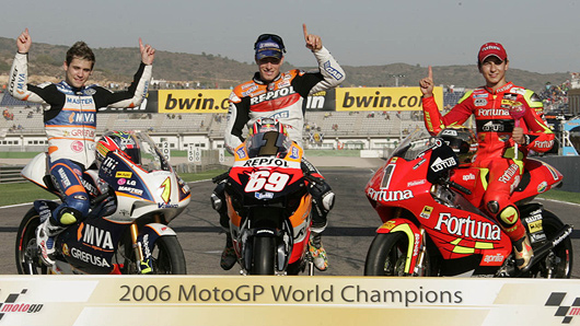 The 3 new 2006 MotoGP World Champions: (left to right) 125cc Alvaro Bautista on Aprilia, 990cc Nicky Hayden on Honda, 250cc Jorge Lorenzo on Aprilia. 